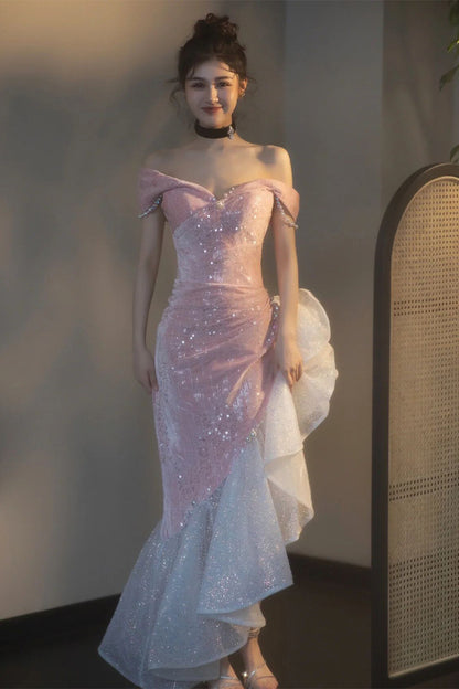 VAKKV Pink off-Shoulder Engagement Formal Dress Fishtail Toast Dress Bride  New Annual Meeting Small Man Host Evening Dress