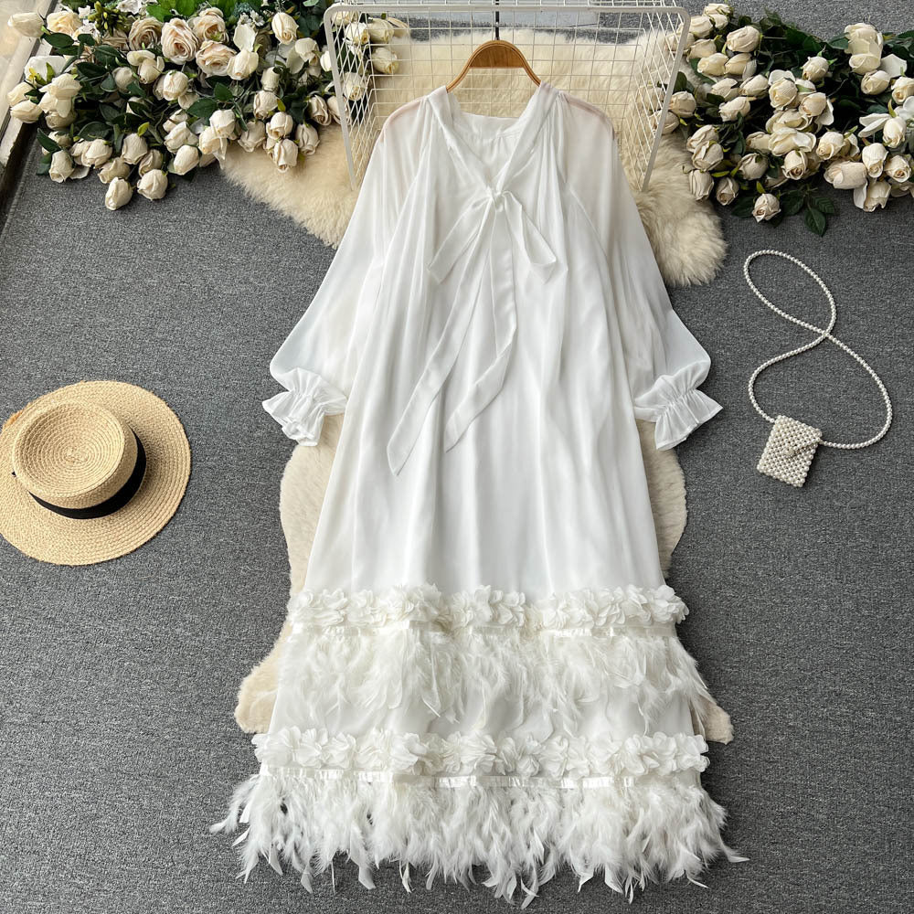 French high-quality long-sleeved dress, women's niche design, loose and thin, heavy work, feather tassels, chic long skirt