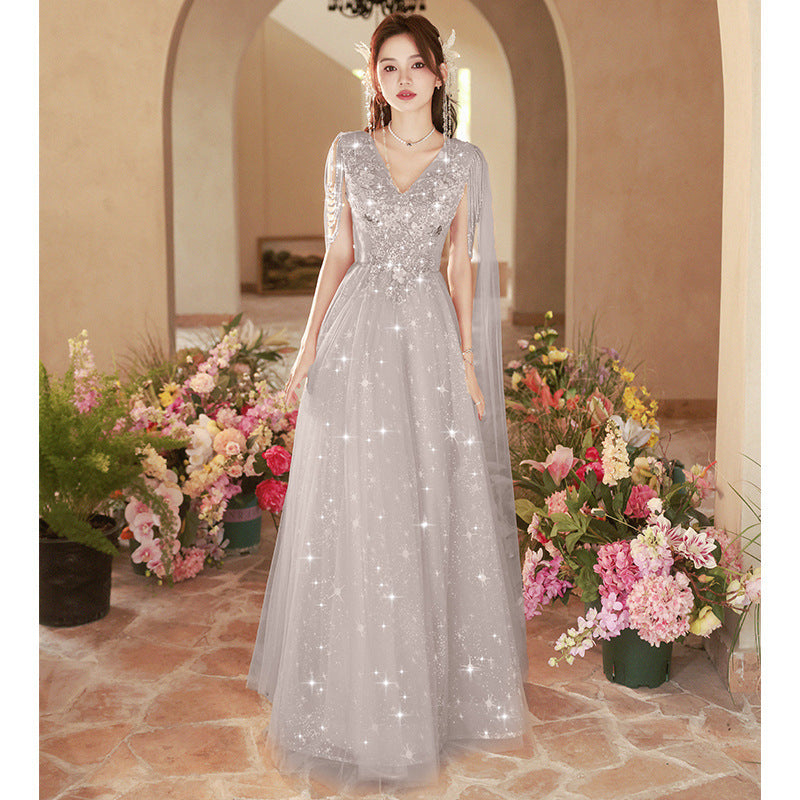 VSKKV Evening Dress Women's Banquet Light Luxury Minority High-End Senior Sense Host Graduation Guzheng Performance Costume Adult Ceremony