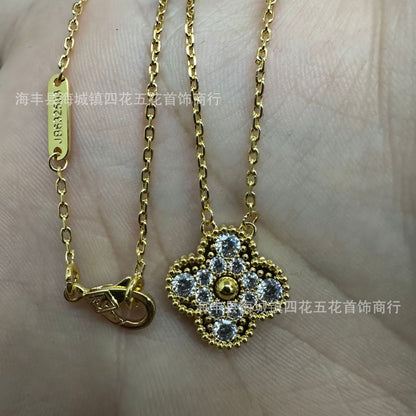 High Version V Gold NOVEMBER'S Clover Necklace Single Flower Natural Fritillary Agate Pendant Double-Sided Clover Clavicle Chain