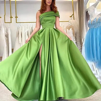 VAKKV  Foreign Trade One Shoulder Satin Dress  Evening Dress Birthday Banquet Pettiskirt Green High Slit Sexy Jumpsuit