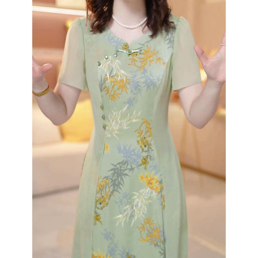 Bamboo cloud satin new Chinese antique charm improved version of cheongsam skirt summer new temperament waist dress