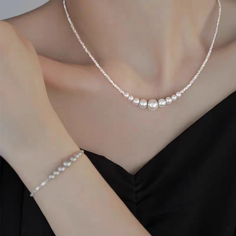 vakkv NK-42 Large and Small Pearls Silver Necklace Bracelet High Sense Special Interest Light Luxury Women's New Necklace Clavicle Chain Internet Celebrity