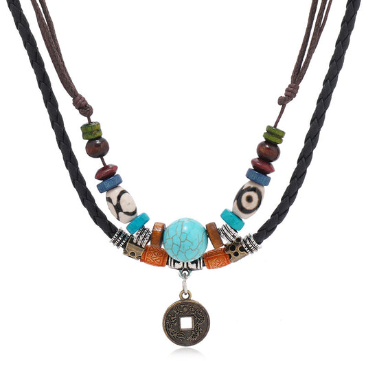 HOTan and NEWn Retro Style Multi-Layer Turquoise Beaded Weave Leather Necklace Personality Alloy Bronze Coin Pendant Men's Necklace