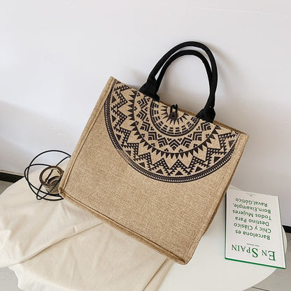 Women's Foreign Trade Bags Cross-Border Linen Portable Printed Bag  Large Capacity Open Online Influencer Fashion Shoulder Shopping Bag