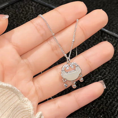 S925 Sterling Silver Hetian Jade Safety Lock Necklace Women's Fashion All-Match Ruyi Safety Lock Pendant Ancient Chinese Style Ornament