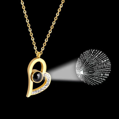 Cross-Border Hot Selling 100 Languages I Love You Projection Necklace TikTok Same Style Oblique Peach Heart Memory Titanium Steel Clavicle Chain