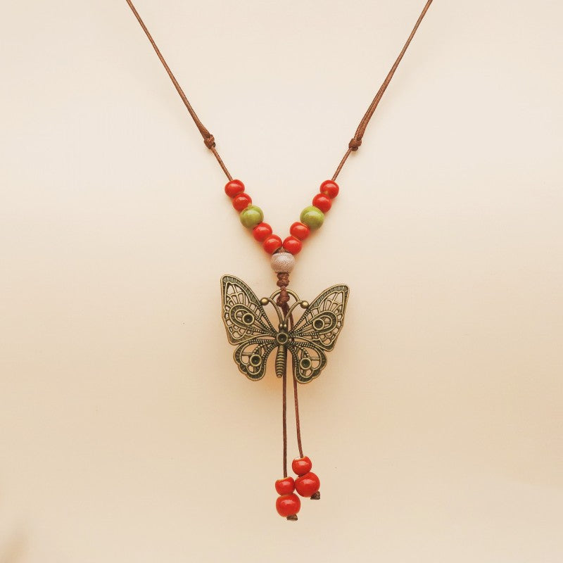 vakkv  Noble Butterfly Ethnic Style Ceramic Long Sweater Chain Women's Ancient Style Ornaments Retro Chinese Style Butterfly Necklace Wholesale