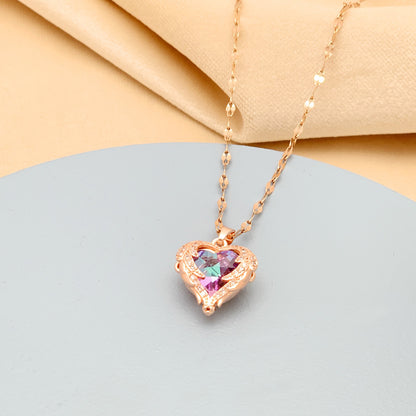 VAKKV Colorful Ocean Heart Pendant Titanium Steel Necklace Female Korean Style Light Luxury Girlfriends Girlfriend Clavicle Chain Jewelry Factory Wholesale