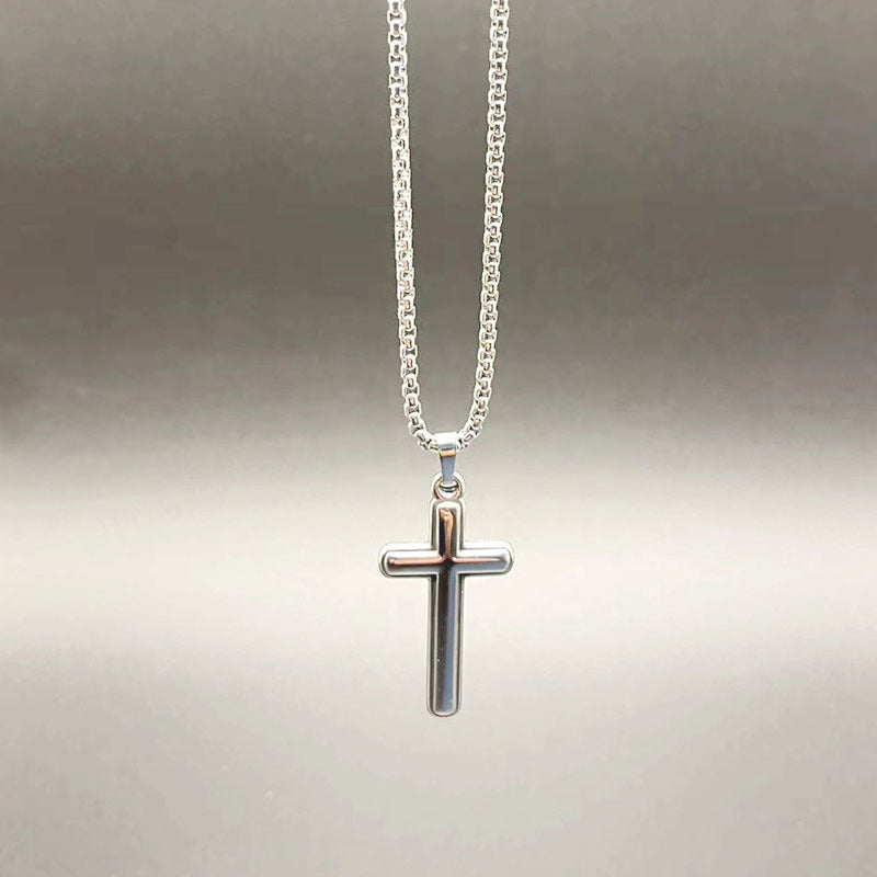 vakkv Cross-Border Hot Fashion Simple Cross Necklace Stainless Steel Religious Hip Hop Couple Pendant Necklace for Men