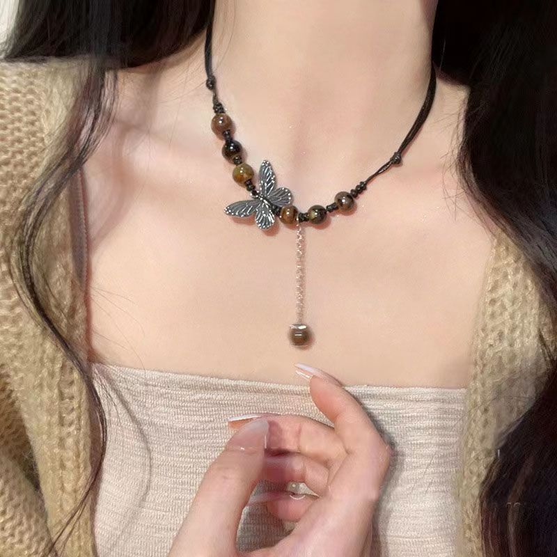 Manufacturer Supply Wholesale Chinese Ethnic Style Butterfly Necklace Niche Ancient Style Long Sweater Chain Woven Clavicle Chain Fashion