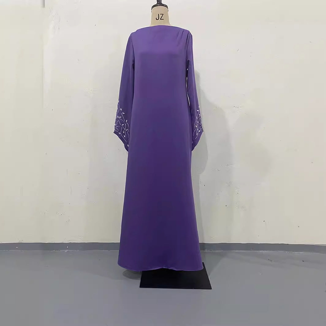 VAKKV  Cross-Border   European and American Autumn New Solid Color Long Sleeve Dress Handmade Rhinestone Temperament Long Dress