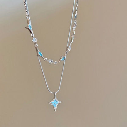 vakkv Double Blue Four Eight-Pointed Stars Zircon Necklace for Women Summer Ins Niche Design Accessories Fashion Temperament Clavicle Chain