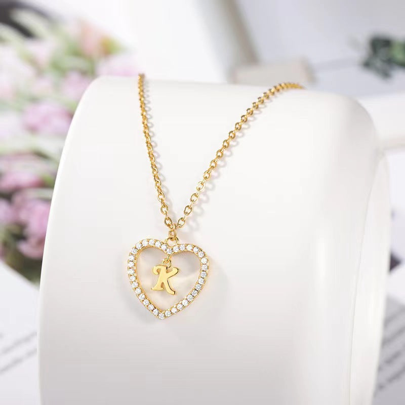 In Stock Direct Selling Exclusive for Cross-Border Letter Necklace 26 Letter Heart-Shaped Zircon Necklace Jewelry Love Heart Pendant Necklace