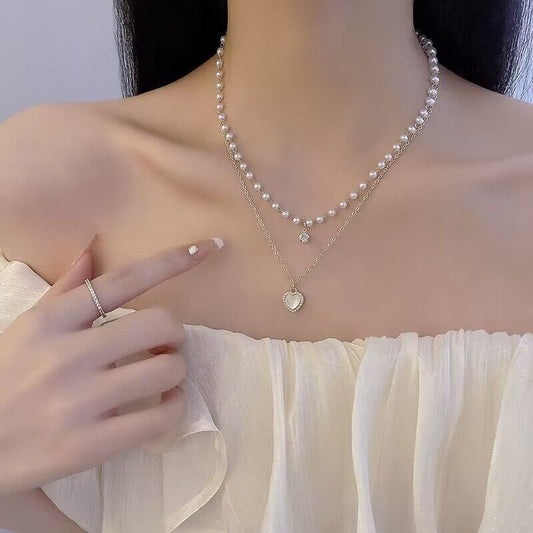 Fashionable All-Match Pearl Double Layers Loving Heart Necklace Women's Advanced Design Sense Niche Twin Exquisite Clavicle Chain Neck Chain