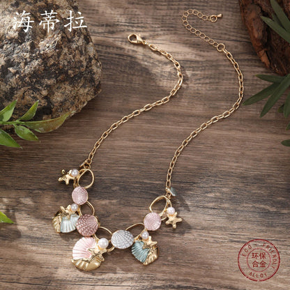 vakkv  Cross-Border New Arrival Colorful Painting Oil Shell Starfish Necklace Fresh Beach Shell Women's All-Match Necklace Wholesale