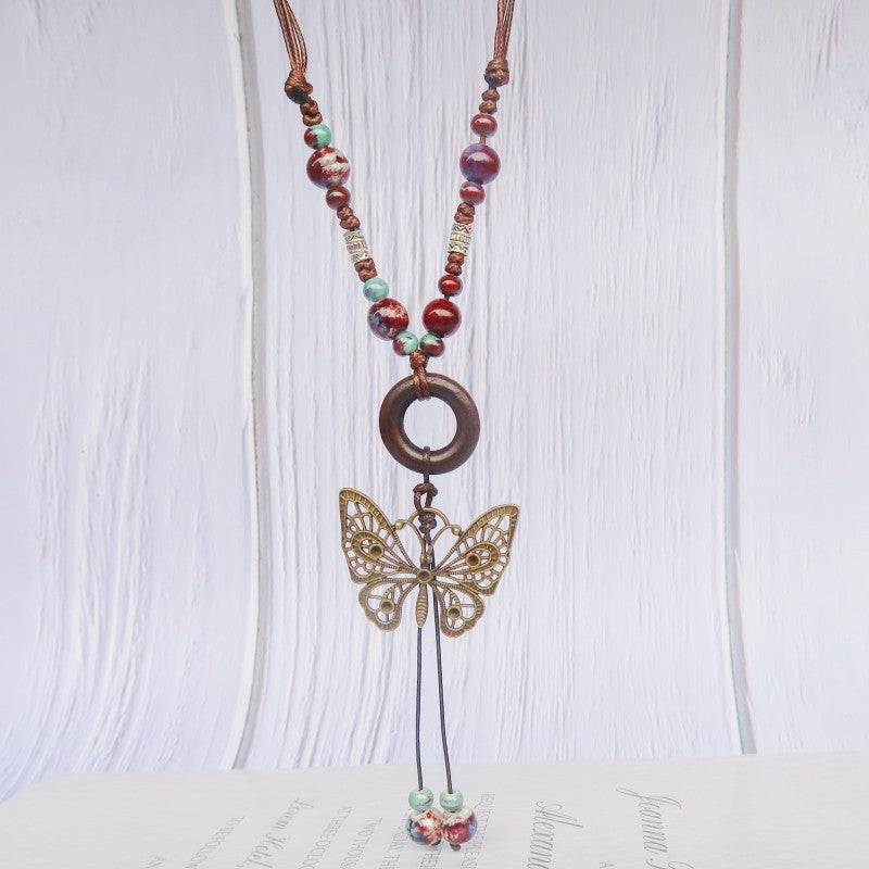 vakkv  Noble Butterfly Ethnic Style Ceramic Long Sweater Chain Women's Ancient Style Ornaments Retro Chinese Style Butterfly Necklace Wholesale