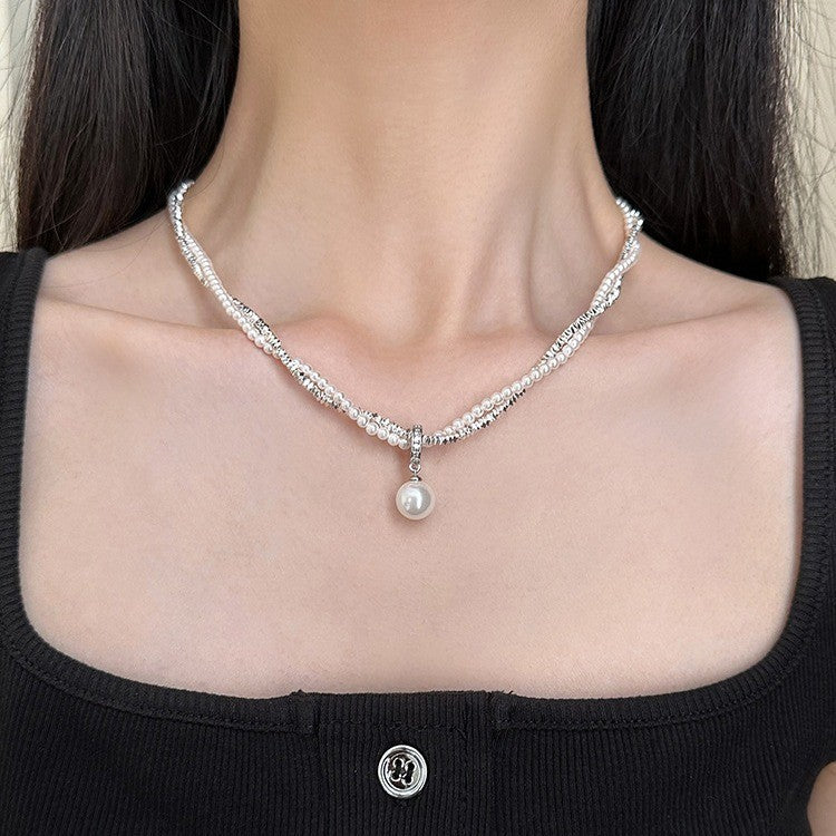 vakkv Shijia Light Luxury Minority Twin S925 Sterling Silver Small Pieces of Silver Pearl Necklace for Women Summer  New Necklace Clavicle Chain