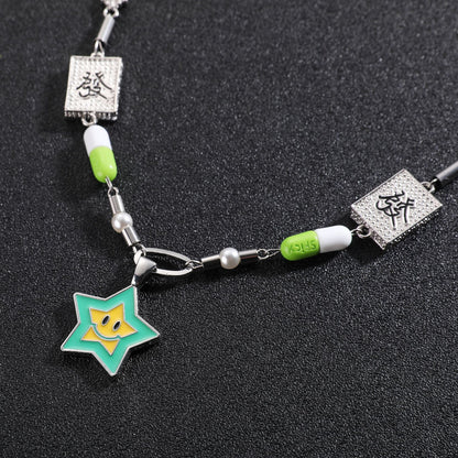 Niche Design Hip Hop Couple Lucky Star Smiley Face Fortune Green Pill Necklace Men's Fashion Sweater Chain Accessories