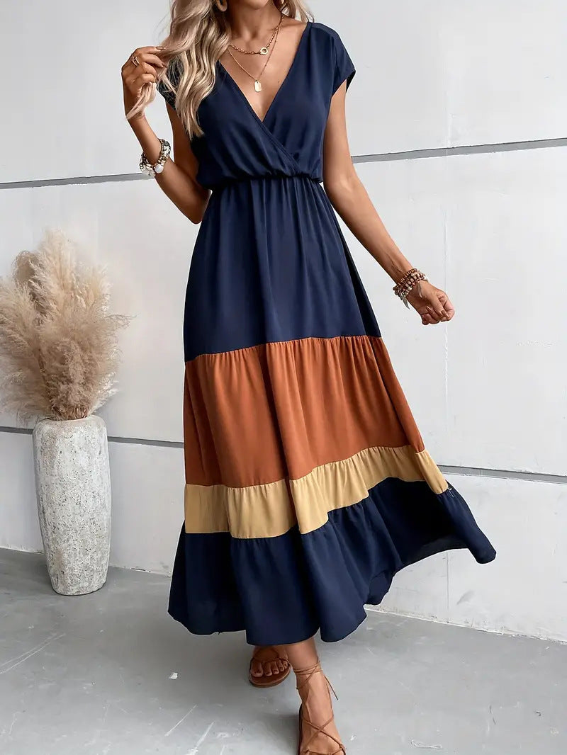 2024 New Color Block Pleated V-neck Dress Casual Polo Collar Cover Sleeve Dress  Hot Summer