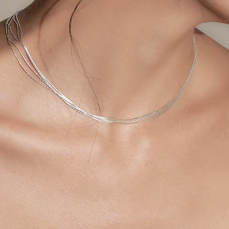 Special-Interest Design S925 Sterling Silver Glossy Retro Fine Silk Satin Multi-Layer Necklace Clavicle Chain Silver Accessories Wholesale