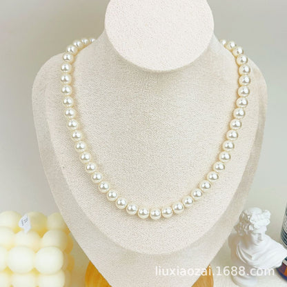 Cross-Border New Arrival Shijia High-Gloss Crystal Pearl Necklace Warm White Titanium Steel Version Magnetic Buckle Fashion All-Match Clavicle Chain Batch