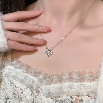 S925 Sterling Silver with Shiny Diamond Clover Necklace for Women Special-Interest Design High-Grade Light Luxury Flower Clavicle Chain Summer Ornament