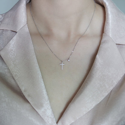 vakkv S925 Sterling Silver Diamond Cross Necklace Classic Exquisite Refined Grace Light Luxury Minority High-Grade Clavicle Chain