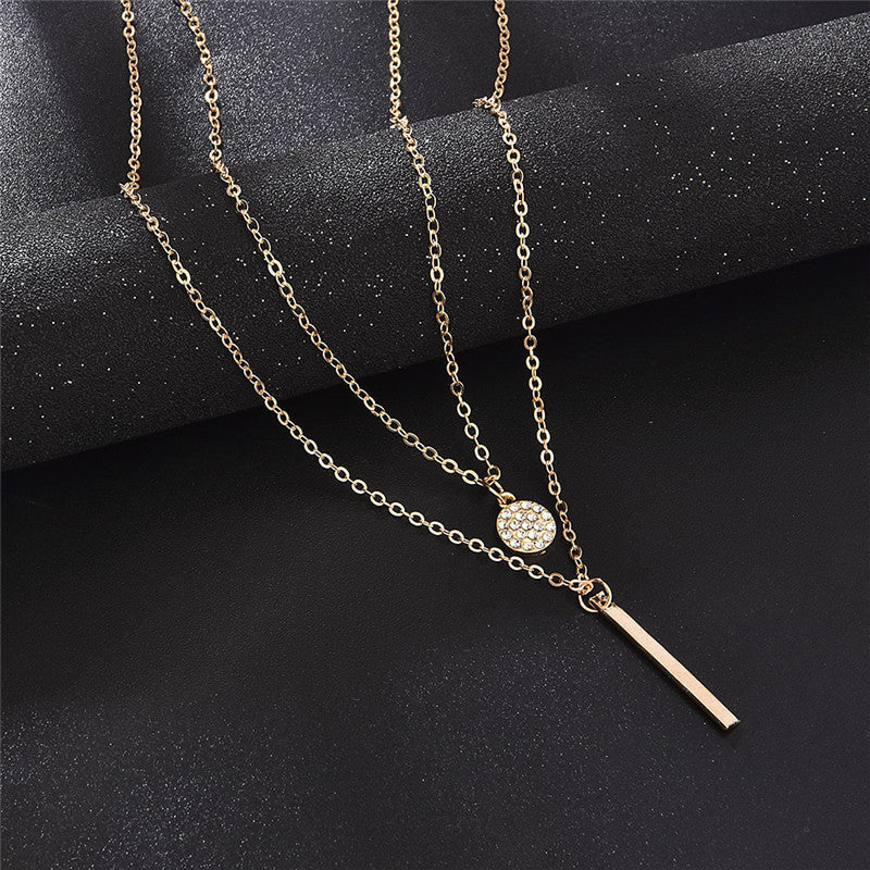 vakkv  HOT and NEW Cross Border Necklace Geometric Long Strip Rhinestone round Double Layer Necklace for Women Fashion Diamond Inlaid Clavicle Chain Necklace