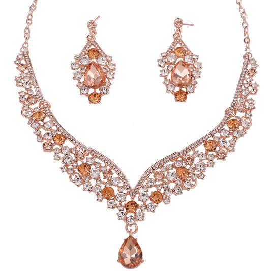 D416 Exquisite Colorful Crystal Glass Drop-Shaped Necklace Earrings Wedding Decoration Two-Piece Set Bridal Jewelry