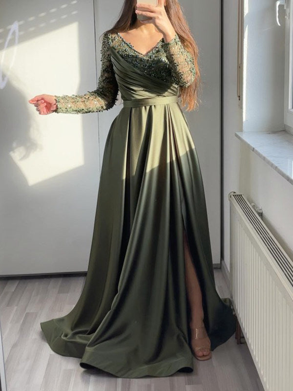 Cross-Border Chest-Wrapped Ruffled Red Black Green Mid-Waist Solid Color Elegant Lace Long Dress Dress Evening Dress