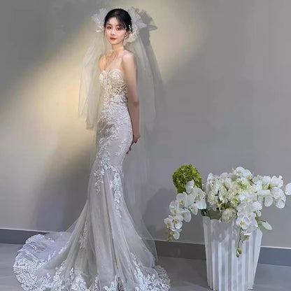 VAKKV  Fishtail Lace Wedding Dress Main Yarn Advanced Texture  New Bridal Slim Fit Super Fairy Slimming Tube Top Wedding Veil Women