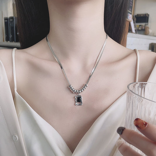 vakkv Chaosheng S925 Sterling Silver Double Layer Snake Bones Chain Irregular Square Inlaid Black Zircon Pendant Necklace Hip Hop Cool Net Red Style