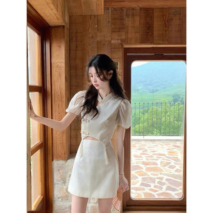 Style Shirt for Women Amoi Chinese Style Graceful Puff Sleeve Short Coat and Dress Show Graceful Improved Cheongsam Suit