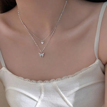 VAKKV INS Cold Butterfly Double-Layer Necklace Non-Fading Trendy Clavicle Chain Temperament Twin Necklace Internet Celebrity Joker Women