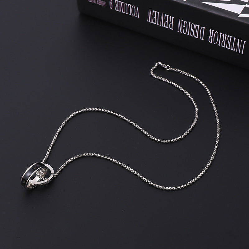 Fashion New Stainless Steel Double Ring Necklace Men's Ornament Ring Buckle Drop Diamond Necklace Titanium Steel Sweater Chain Lot