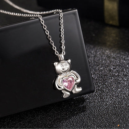 vakkv  Original S925 Sterling Silver Pink Zircon Love Bear Necklace Female Ins Pendant Light Luxury Minority High-Grade Accessories