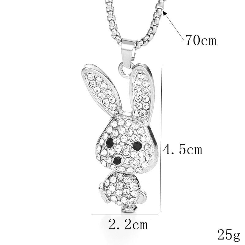 New Trendy Cool Full Diamond Rabbit Necklace Female Ins Hip Hop Cool Pendant All-Matching Long Sweater Chain Factory Wholesale