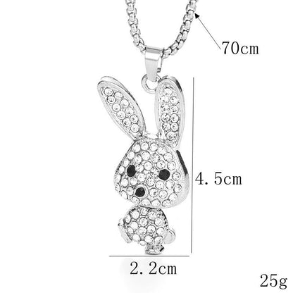 New Trendy Cool Full Diamond Rabbit Necklace Female Ins Hip Hop Cool Pendant All-Matching Long Sweater Chain Factory Wholesale