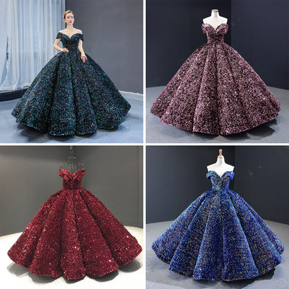 European and American Foreign Trade Bridal Wedding Dress Female  Color Change Sequins Ball Performance Costume off-Shoulder Pettiskirt Adult