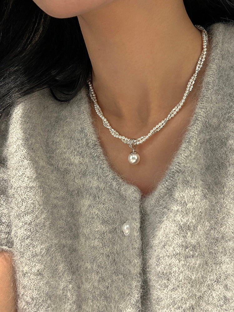 VAKKV Universal Buckle Pendant S925 Sterling Silver Small Pieces of Silver Shijia Strong Light Pearl Double-Layer Necklace Special-Interest Design Clavicle Chain Female