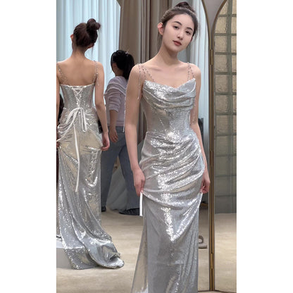 VSKKV Silver Evening Dress  New Light Luxury Temperament Socialite Host Banquet Dress Bridal Sling Toast Dress for Women