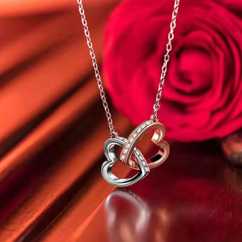 S925 Silver Heart-to-Heart Double Ring Necklace Korean Style Simple Pendant Clavicle Chain Valentine's Day Gift Silver Accessories Wholesale