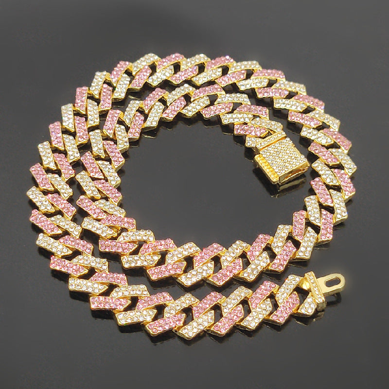 Popular 15mm Small Flip Cover Hiphop Pink Blue Hip Hop Cuban Link Chain Quadrilateral Strip Prismatic Men's Necklace