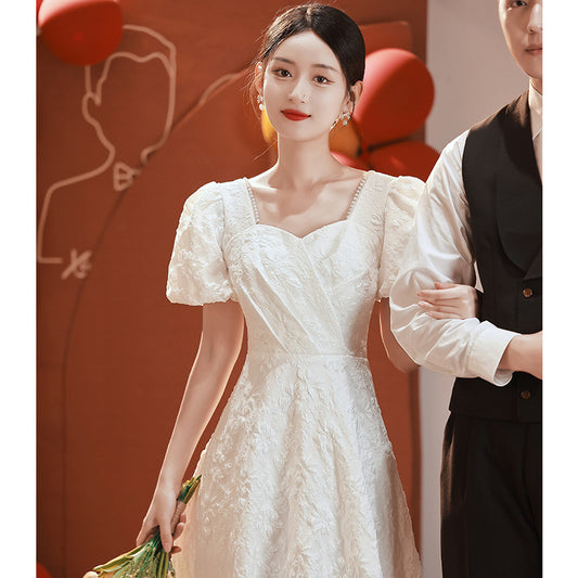 VAKKV Women's Formal Dress with License Summer New Engagement White Banquet Temperament Square Collar Simple Daily Style Dress for Women