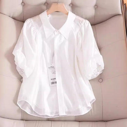 New Young  Elegant Puff Sleeve Top White Short-Sleeved Shirt Women's Summer Design Sense Niche