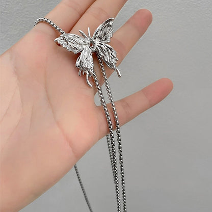 vakkv  High-Grade Drawable Silver Butterfly Tassel Necklace Female Light Luxury Minority Design Fashionable Temperamental All-Match Clavicle Chain