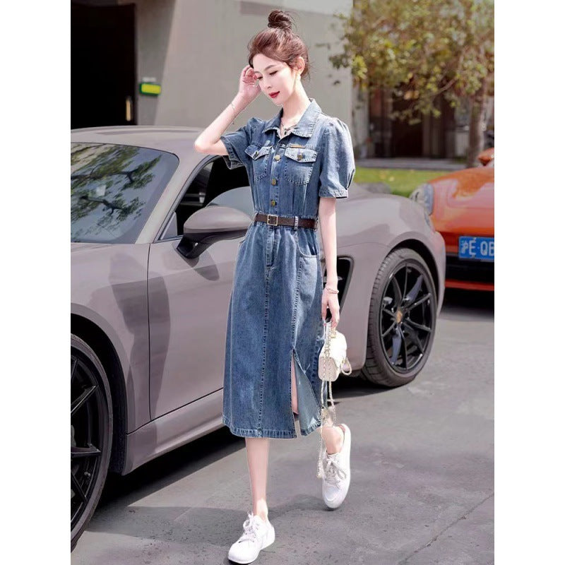 Retro Short Sleeve Soft Denim Dress Female  New Summer Thin Elegant High Sense Petite Skirt