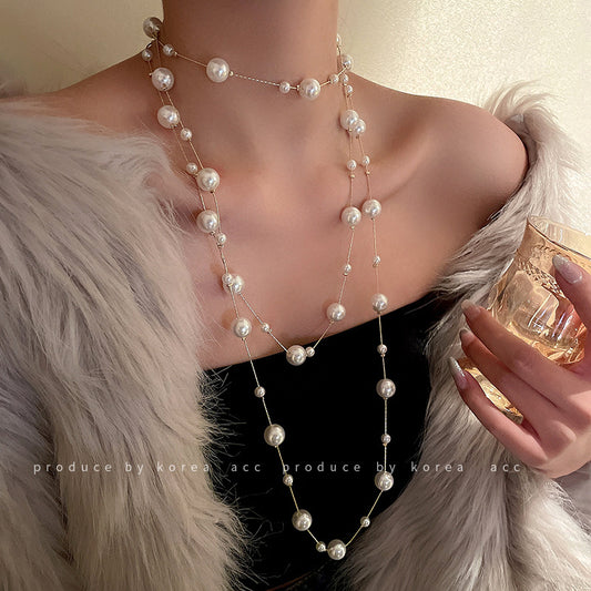 vakkv  Super Fairy Long Pearl Necklace Trendy Temperament Palace Style Special-Interest Design Clavicle Chain Exquisite Gentle Sweater Chain