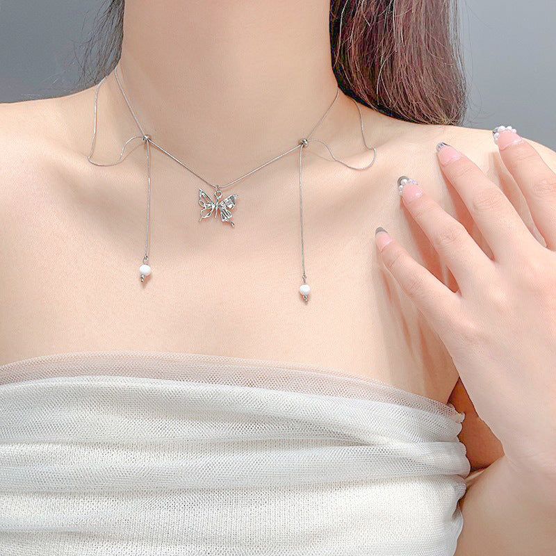 vakkv  High-Grade Drawable Silver Butterfly Tassel Necklace Female Light Luxury Minority Design Fashionable Temperamental All-Match Clavicle Chain